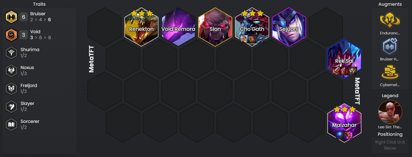 Cho'Gath's board - https://www.metatft.com/team-builder/HgkXq1KIqlUaDuI6ENvAGGm9JxSQ1LpYoCKQKLG XaXVLwfYJJG4W35bCehzprQAA 