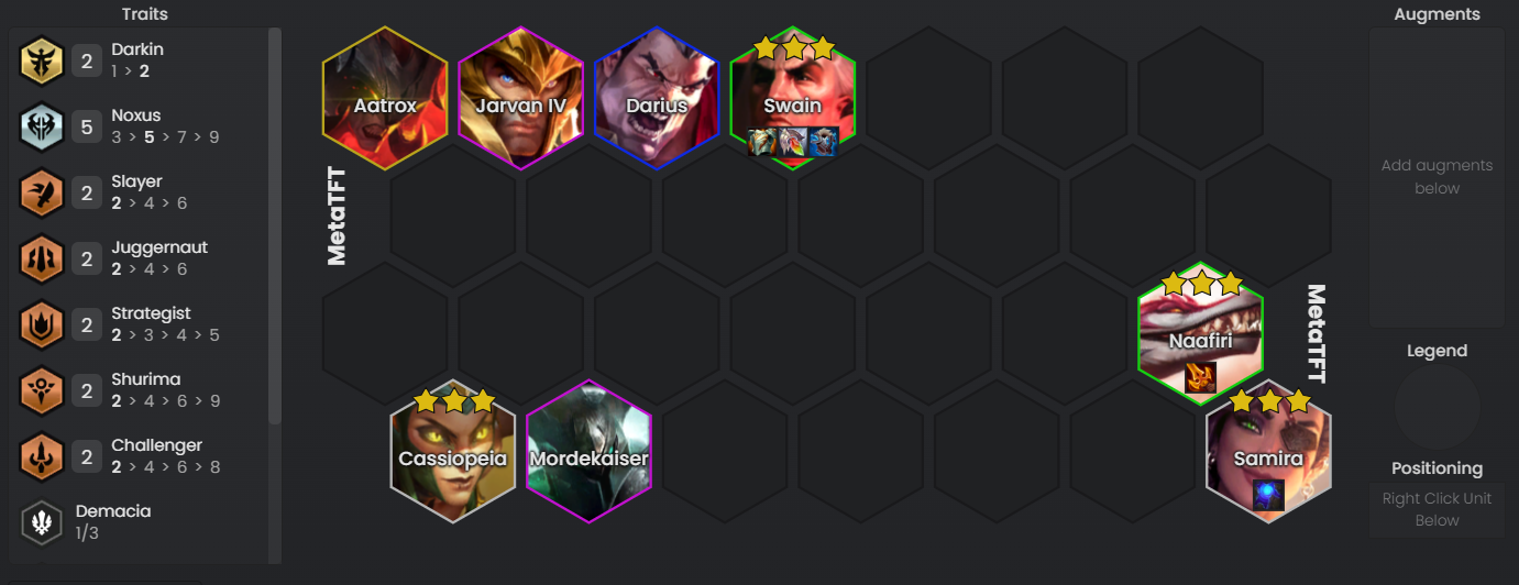 Noxus Samira's board - https://www.metatft.com/team-builder/EAkAgPsI2V0Q2hof9lqQ8tS6%2BNenoEBQswAAAAC uNbmw5HbfRSF6HAAAAAA%3D 